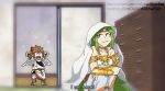  abswillowfan arms_up blanket boku_no_hero_academia chest_of_drawers dress green_hair jewelry kid_icarus looking_back necklace nintendo open_mouth opening_door palutena parody pit pose smile squatting white_dress 