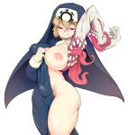  1girl areolae blonde_hair breasts closed_mouth commentary cowboy_shot curvy double_(skullgirls) english_commentary eyes_closed habit hair_between_eyes highres huge_breasts large_breasts long_sleeves nipples nun short_hair simple_background skullgirls slugbox solo thick_thighs thighs white_background wide_hips 