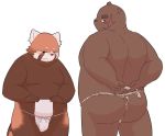  2019 ailurid anthro belly blush brown_fur bulge butt clothing duo fundoshi fur green_eyes hi_res japanese_clothing k_gutless male mammal moobs overweight overweight_male red_panda scar simple_background underwear ursid white_background 