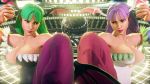  3d bare_shoulders breasts brown_eyes capcom chun-li cleavage green_hair highres large_breasts long_hair morrigan_aensland morrigan_aensland_(cosplay) purple_hair street_fighter street_fighter_v tagme vampire_(game) 