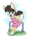  2019 aggie_(artist) anthro brown_hair canid canine clothed clothing cloud cub cute_fangs digital_media_(artwork) dress female fennec fox freckles fur grass green_eyes hair hi_res inner_ear_fluff kaelie leaning looking_at_viewer mammal open_mouth pigtails playground simple_background sky smile solo teeth young 