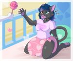  &lt;3 anthro bottomless breasts bunnykisses clothed clothing diaper disembodied_hand domestic_cat english_text felid feline felis female heterochromia mammal pacifier rattle shirt solo text 