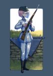  1girl absurdres belt blonde_hair blue_eyes bolt_action boots cigarette disassembly erica_(naze1940) garrison_cap grass gun hat highres holding mauser_98 military military_uniform original rifle short_hair soldier solo stone_wall uniform wall weapon world_war_ii 