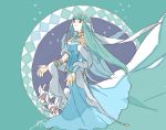  1girl bare_shoulders blue_hair cape dress fire_emblem fire_emblem:_rekka_no_ken full_body hair_ornament long_hair mamkute murabito_ba ninian nintendo red_eyes simple_background solo veil 