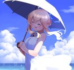  1girl :d ^_^ bangs blonde_hair blue_sky blush brooch clarice_(idolmaster) closed_eyes cloud day dress evolvingmonkey eyes_closed hair_bun hair_up hands_together hands_up highres holding holding_umbrella idolmaster idolmaster_cinderella_girls jewelry long_hair ocean open_mouth outdoors parasol red_brooch sidelockshair_between_eyes sky sleeveless sleeveless_dress smile solo umbrella white_dress white_umbrella wind wind_lift 