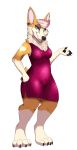  &lt;3 2018 4_toes 5_fingers absurd_res anthro black_nose blue_eyes breasts canid canine canis cinnamon_(yoko_darkpaw) clothed clothing domestic_dog dress eyeshadow female fur hair herding_dog hi_res looking_at_viewer makeup mammal markings multicolored_fur multicolored_hair piercing pink_hair smile snout solo standing tan_fur toes two_tone_fur two_tone_hair welsh_corgi wide_hips yoko_darkpaw 