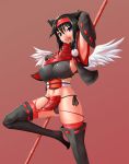  1girl arm_up armpits black_hair blue_eyes breasts character_request kanatsuki_tatsuya large_breasts medium_hair navel red_background sengoku_taisen simple_background smile solo white_wings wings 