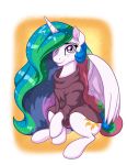  absurd_res clothing equid female friendship_is_magic hi_res horn latecustomer mammal my_little_pony princess_celestia_(mlp) purple_eyes sitting solo sparkles sweater winged_unicorn wings 