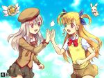  2girls :d bangs beret black_skirt blonde_hair blue_ribbon bow bowtie brown_shirt commentary_request crossover eyebrows_visible_through_hair fate/kaleid_liner_prisma_illya fate_(series) green_eyes grey_hair hair_between_eyes hair_ribbon hat heterochromia high_five illyasviel_von_einzbern kurarin long_hair long_sleeves looking_at_another lyrical_nanoha magical_ruby mahou_shoujo_lyrical_nanoha_vivid multiple_girls open_mouth red_eyes red_neckwear ribbon sacred_heart school_uniform shirt short_sleeves skirt smile trait_connection two_side_up upper_teeth vest vivio white_shirt yellow_skirt yellow_vest 