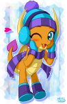  &lt;3 2019 blue_eyes blush boots clothing dragon earmuffs fangs female footwear friendship_is_magic gloves hat hi_res horn my_little_pony one_eye_closed pose scarf smolder_(mlp) solo uotapo wink 