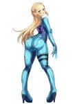  1girl absurdres ass blonde_hair blue_bodysuit blush bodysuit cosplay dress earrings embarrassed full_body gown green_eyes highres huge_ass impossible_bodysuit impossible_clothes jewelry metroid nintendo pointy_ears princess_zelda samus_aran samus_aran_(cosplay) shiny shiny_clothes shoukin500 skin_tight the_legend_of_zelda the_legend_of_zelda:_breath_of_the_wild thick_eyebrows varia_suit zero_suit 