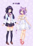  2girls animal_ear_fluff animal_ears bangs barefoot_sandals bell black_hair black_legwear black_skirt blue_eyes blunt_bangs blush brown_footwear cat_ears cat_girl cat_tail character_name commissioner_insert dress eyebrows_visible_through_hair food_background frilled_dress frills hair_ribbon hair_rings hand_on_own_chest heart_button highres jingle_bell long_hair long_sleeves looking_at_viewer multiple_girls neck_bell neck_ribbon nekopara one_side_up original pink_footwear pink_ribbon puffy_short_sleeves puffy_sleeves purple_background purple_eyes purple_hair ribbon sayori shirt shoes short_sleeves skirt smile tail thighhighs white_dress white_shirt yellow_ribbon 