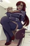  1girl blazer breasts brown_hair cleavage clothed earring elf_ears garter_belts glasses grey_skin highres jacket large_breasts long_hair looking_at_viewer looking_down office_lady open_mouth pink_eyes plump pointy_ears sitting skirt solo thick_thighs thighs tongue tongue_out 
