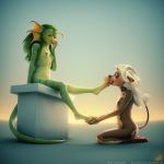  3d_(artwork) adreea anthro breasts canid canine canis claws digital_media_(artwork) digitigrade domestic_dog duo erect_nipples eye_contact female female/female flat_chested foot_fetish foot_lick green_hair green_skin hair hi_res horn humanoid_hands interspecies jinjing-yu kneeling licking lizard looking_at_another mammal multi_nipple navel nipples pawpads reptile scalie sharp_teeth signature simple_background sitting small_breasts stripes tail_tuft tchaikovsky2 teeth toe_claws tongue tongue_out tuft white_hair 