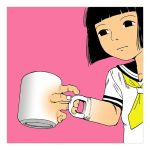  black_eyes black_hair border cup matching_hair/eyes mug pink_background simple_background source_request what white_border 