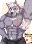  2019 617foreverwithy abs anthro biceps canid canine canis clothed clothing digital_media_(artwork) felid fur hair hi_res male mammal muscular muscular_male pantherine pecs scar tiger topless wolf 