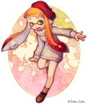  1girl beret fangs female full_body hat highres inkling kiitos nintendo open_mouth pointy_ears solo splatoon sweater teeth tentacle_hair twitter_username 