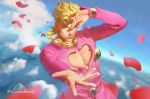  1boy artist_name blonde_hair blue_eyes bracelet cloud cloudy_sky earrings giorno_giovanna jewelry jojo_no_kimyou_na_bouken krabat lips long_sleeves looking_at_viewer male_focus nose petals reaching_out shading_eyes signature sky solo upper_body 