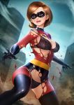  1girl absurdres bra breasts brown_hair disney domino_mask helen_parr highres large_breasts lingerie mask nudtawut_thongmai panties pixar solo the_incredibles torn_clothes underwear 