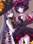  2girls abigail_williams_(fate/grand_order) ass bangs bare_shoulders black_bow black_dress black_gloves black_hair black_headwear black_neckwear black_panties blue_eyes bow breasts brown_background cleavage dress fate/grand_order fate_(series) gloves grin hair_ornament hand_up highres katsushika_hokusai_(fate/grand_order) long_hair looking_at_viewer marionette_(excle) medium_breasts multiple_girls neck_tattoo open_mouth orange_bow paintbrush pale_skin panties polka_dot polka_dot_bow red_eyes sharp_teeth short_hair simple_background smile solo standing tattoo teeth third_eye underwear 