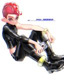  1boy black_footwear black_pants boots chromatic_aberration closed_mouth holding long_sleeves looking_at_viewer mimimi_(echonolog) mohawk octarian octoling pants pink_eyes red_eyes red_hair short_hair simple_background single_sleeve sitting solo splatoon splatoon_(series) splatoon_2 splatoon_2:_octo_expansion suction_cups tentacle_hair white_background zipper 