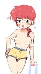  1girl absurdres anger_vein blue_eyes blush_stickers braid breasts edisonabismo female highres open_mouth ranma-chan ranma_1/2 red_hair saotome_ranma shorts simple_background solo topless white_background yellow_shorts 