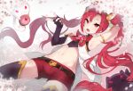  1girl alternate_costume alternate_hair_color alternate_hairstyle bare_shoulders belt black_gloves black_legwear bow cake elbow_gloves fingerless_gloves food gloves hair_ornament highres jinx_(league_of_legends) league_of_legends long_hair magical_girl purple_eyes red_bow red_hair red_neckwear short_shorts shorts smile solo star_guardian_(league_of_legends) star_guardian_jinx thighhighs tied_hair twintails very_long_hair 