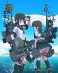  2girls 551 adapted_turret anchor_symbol black_eyes black_hair black_legwear black_sailor_collar black_skirt blue_sailor_collar blue_skirt blue_sky cloud day feet_out_of_frame fubuki_(kantai_collection) full_body gloves gradient_sky highres kantai_collection kneehighs leaning_forward low_ponytail machinery mast mountain multiple_girls outdoors panties pantyshot pleated_skirt ponytail remodel_(kantai_collection) sailor_collar scenery school_uniform serafuku shading_eyes shirayuki_(kantai_collection) short_ponytail sidelocks skirt sky smokestack standing torpedo_launcher twitter_username underwear water white_gloves white_panties 