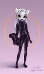  anthro arctic_fox breasts canid canine clothed clothing coonkun female fox fur hair hi_res looking_at_viewer mammal orange_eyes plantigrade rubber rubber_suit small_breasts smile solo standing white_fur white_hair 