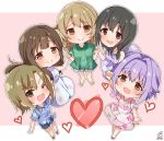  5girls bangs bare_arms bare_shoulders black_hair blush brown_eyes brown_footwear brown_hair chibi diagonal-striped_background diagonal_stripes dress eyebrows_visible_through_hair floral_print fujiwara_hajime green_eyes green_shirt grey_shorts hair_between_eyes hand_holding heart idolmaster idolmaster_cinderella_girls koshimizu_sachiko light_brown_hair long_hair mizumoto_yukari morikubo_nono multiple_girls omuretsu outstretched_arm pink_background pink_shirt pink_skirt print_skirt purple_dress purple_eyes shirt shoes short_shorts short_sleeves shorts signature skirt sleeveless sleeveless_dress striped striped_background tada_riina two-tone_background very_long_hair white_background white_dress 