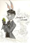  black_hair clothing egg fur grey_fur hair here_comes_peter_cottontail hi_res january_q._irontail jenuineart lagomorph leporid male mammal necktie rabbit suit watermark 