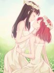  2girls black_hair dress eyes_closed flower hair_flower hair_ornament incest kurosawa_dia kurosawa_ruby long_hair love_live! love_live!_sunshine!! mechiko_(mmttkknn) multiple_girls red_hair short_hair siblings sisters white_dress yuri 