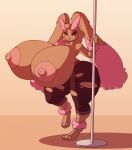  absurd_res anthro big_breasts breasts clothed clothing female hi_res huge_breasts hyper hyper_breasts lagomorph looking_at_viewer mammal mega_evolution mega_lopunny nintendo nipples pok&eacute;mon pok&eacute;mon_(species) pole shiny_pok&eacute;mon solo stunnerpony video_games wide_hips 