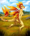  2019 5_fingers anthro breasts day detailed_background digital_media_(artwork) dragon eyelashes female grass kneeling lunalei non-mammal_breasts nude outside sky smile solo 