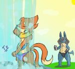  ambiguous_gender bathing buizel bulk bulky_thighs cascade cellphone clothing fennephilim_fox grin hi_res looking_pleasured lucario male nintendo phone pok&eacute;mon pok&eacute;mon_(species) recording slightly_chubby smile soaked summer sun swimming_trunks swimsuit taking_photo video_games water waterfall 
