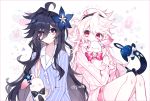  2girls bangs black_bow black_hair blue_pajamas blue_shirt blush bow closed_mouth collared_shirt covered_mouth dress_shirt elsword eyebrows_visible_through_hair g_ieep hair_between_eyes heart laby_(elsword) long_hair long_sleeves multiple_girls nisha_(elsword) object_hug pajamas red_bow red_eyes shirt sitting smile striped striped_pajamas striped_shirt stuffed_animal stuffed_bunny stuffed_toy twitter_username vertical-striped_shirt vertical_stripes very_long_hair white_background white_hair white_pajamas white_shirt 