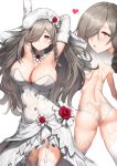  1girl absurdres armpits arms_up ass back bare_back beret blush braid breasts buttons cleavage closed_mouth detached_collar dress elbow_gloves flower g36c_(girls_frontline) garter_straps girls_frontline gloves greem_bang grey_hair hair_over_one_eye hat heart highres large_breasts long_hair looking_at_viewer navel open_mouth panties red_eyes rose side_braid smile solo thighhighs thighs underwear very_long_hair wedding_dress white_gloves white_legwear white_panties 