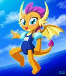  2019 blue_eyes blush clothing dragon female friendship_is_magic membranous_wings my_little_pony pointing sea smolder_(mlp) solo swimsuit uotapo water wings 