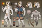  axe belt blonde_hair canid canine canis celtic clothing domestic_dog fur hair hi_res invalid_tag jewelry kahito-slydeft knife male mammal melee_weapon model_sheet nude off/on scar solo weapon wolfhound 