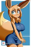  2019 5_fingers absurd_res anthro anthrofied big_breasts blue_eyes breasts brown_fur brown_hair canid canine chest_tuft clothing digital_media_(artwork) dress eevee female fluffy fluffy_tail fur grin hair hi_res looking_aside lucyfercomic mammal nintendo nipple_outline pok&eacute;mon pok&eacute;mon_(species) smile standing thick_thighs tight_clothing tuft video_games 
