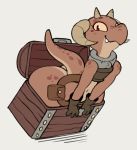  2019 angstrom anthro bag belt big_butt butt clothed clothing collar fangs female flat_chested gloves hi_res horn huge_butt kobold looking_at_viewer navel piko scalie short_stack skimpy smile solo thick_tail treasure_chest 