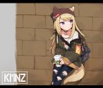  1girl absurdres against_wall backpack bag blonde_hair blue_eyes brick_wall character_name coffee_cup collar cup disposable_cup dog_tail expressionless green_jacket hat highres jacket kmnz long_hair long_sleeves mc_lita nail_polish nemomo oversized_clothes partially_unbuttoned paw_print red_nails shirt tail torn_clothes torn_hat torn_legwear virtual_youtuber woollen_cap 
