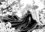  1boy 1girl absurdres crescent dated ellias_ainsworth flower greyscale hatori_chise highres long_hair long_sleeves low-tied_long_hair mahou_tsukai_no_yome monochrome moon night outdoors short_hair standing tree wide_sleeves wistaria99 