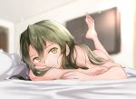  1girl bangs blurry blurry_background blush commentary feet green_eyes green_hair grin hair_between_eyes indoors jewelry kabayaki_namazu kantai_collection light_particles long_hair lying nude on_bed on_stomach ring sidelocks smile wedding_band zuikaku_(kantai_collection) 