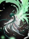  1girl absurdres bangs barefoot dress eyes_closed fetal_position green_hair highres long_hair saya saya_no_uta simple_background solo torn_clothes very_long_hair white_dress wings xiuhuabing 