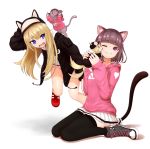  2girls animal_ears animal_hat animalization bare_legs black_jacket blonde_hair blue_eyes brown_hair cat cat_ears cat_tail dog dog_tail fangs full_body hat highres hood hood_down hoodie jacket kmnz long_hair long_sleeves lunch_boxer mc_lita mc_liz miniskirt multiple_girls open_clothes open_jacket pink_eyes pink_hoodie pleated_skirt shoes short_hair sitting skirt sweat tail thighhighs wariza zettai_ryouiki 