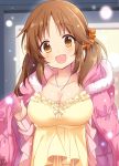  1girl :d bangs blush breasts brown_eyes brown_hair cleavage collarbone dress eyebrows_visible_through_hair fur-trimmed_jacket fur_trim hair_ornament hair_scrunchie head_tilt heart heart_necklace idolmaster idolmaster_cinderella_girls jacket large_breasts long_hair long_sleeves looking_at_viewer omuretsu open_clothes open_jacket open_mouth orange_scrunchie parted_bangs pink_jacket scrunchie signature smile solo totoki_airi twintails upper_body yellow_dress 