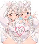  2girls :d :o absurdres ahoge bangs blue_eyes blush bow bow_legwear braid brown_eyes character_name commentary double_bun double_v earrings fumita_(humita322) hair_bow hair_down hair_ornament hair_ribbon hairclip heart heart_earrings highres hisakawa_hayate hisakawa_nagi idolmaster idolmaster_cinderella_girls jewelry long_hair long_sleeves looking_at_viewer multiple_girls one_eye_closed open_mouth pink_ribbon ribbon ringlets shirt shoulder_cutout siblings silver_hair simple_background sisters sitting sleeves_past_wrists smile thighhighs twins upper_teeth v white_background white_bow white_legwear white_shirt 