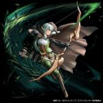  1girl aiming arrow artist_request belt black_bow black_gloves boots bow bow_(weapon) breasts brown_footwear cloak corset crossover detached_sleeves elf full_body gloves goblin_slayer! grand_summoners green_eyes green_hair green_legwear hair_bow hair_intakes high_elf_archer_(goblin_slayer!) hood hood_up knee_boots leaf long_hair loose_belt low_ponytail official_art pointing pointing_forward pointy_ears quiver serious shorts sidelocks single_detached_sleeve small_breasts solo thighhighs thighhighs_under_boots translation_request weapon wind zettai_ryouiki 