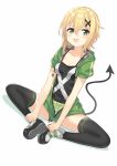  1girl :d akatsuki_kirika bangs black_camisole black_footwear black_legwear blonde_hair blush breasts camisole cleavage collarbone commentary_request demon_tail drawstring eyebrows_visible_through_hair full_body green_eyes green_jacket green_shorts hair_between_eyes hair_ornament hajime_kaname highres jacket long_hair medium_breasts open_clothes open_jacket open_mouth puffy_short_sleeves puffy_sleeves senki_zesshou_symphogear shadow shoe_soles shoes short_shorts short_sleeves shorts smile solo tail tail_raised thighhighs x_hair_ornament 